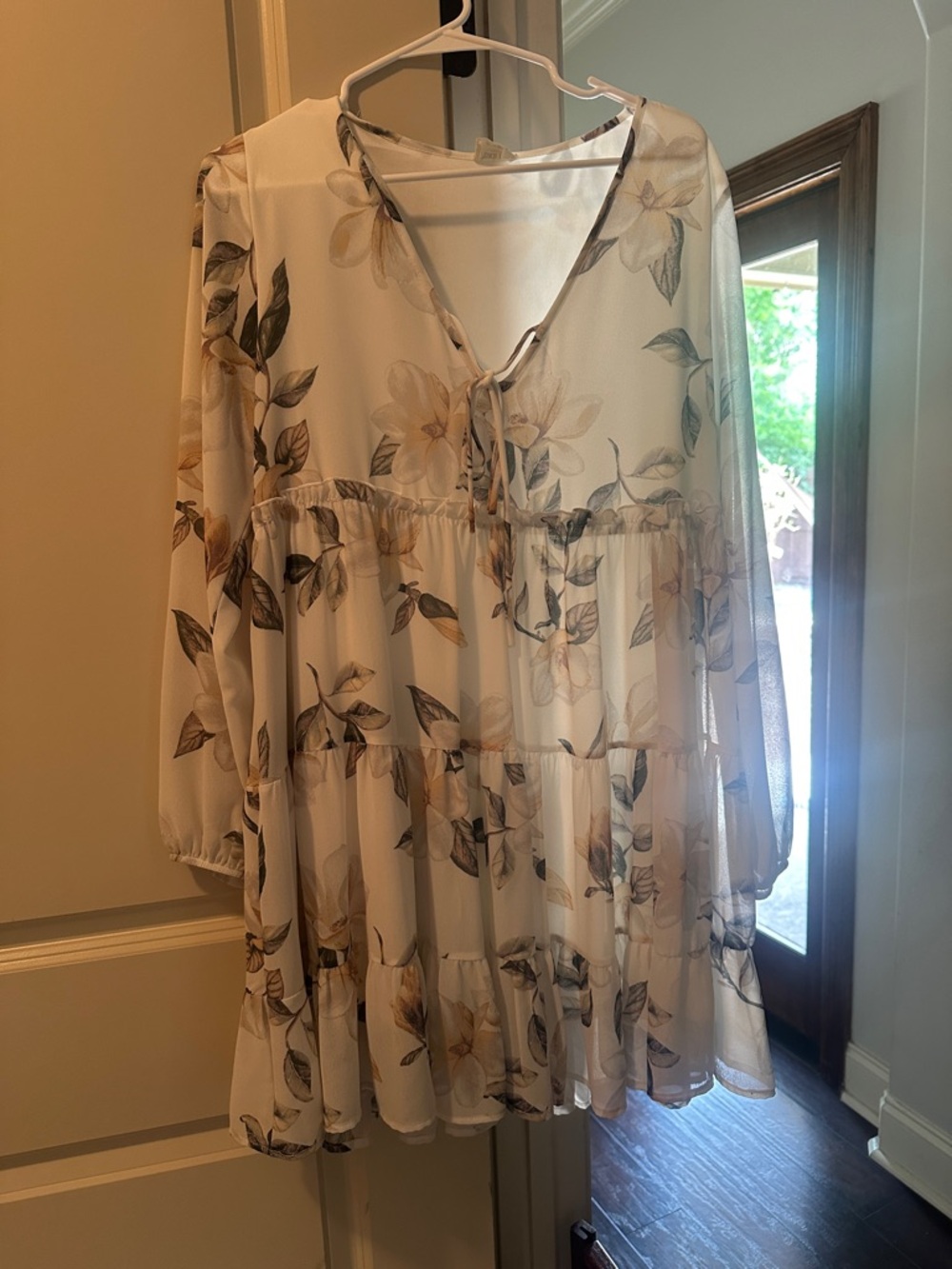 Cream Floral Tiered V-Neck Long Sleeve Dress